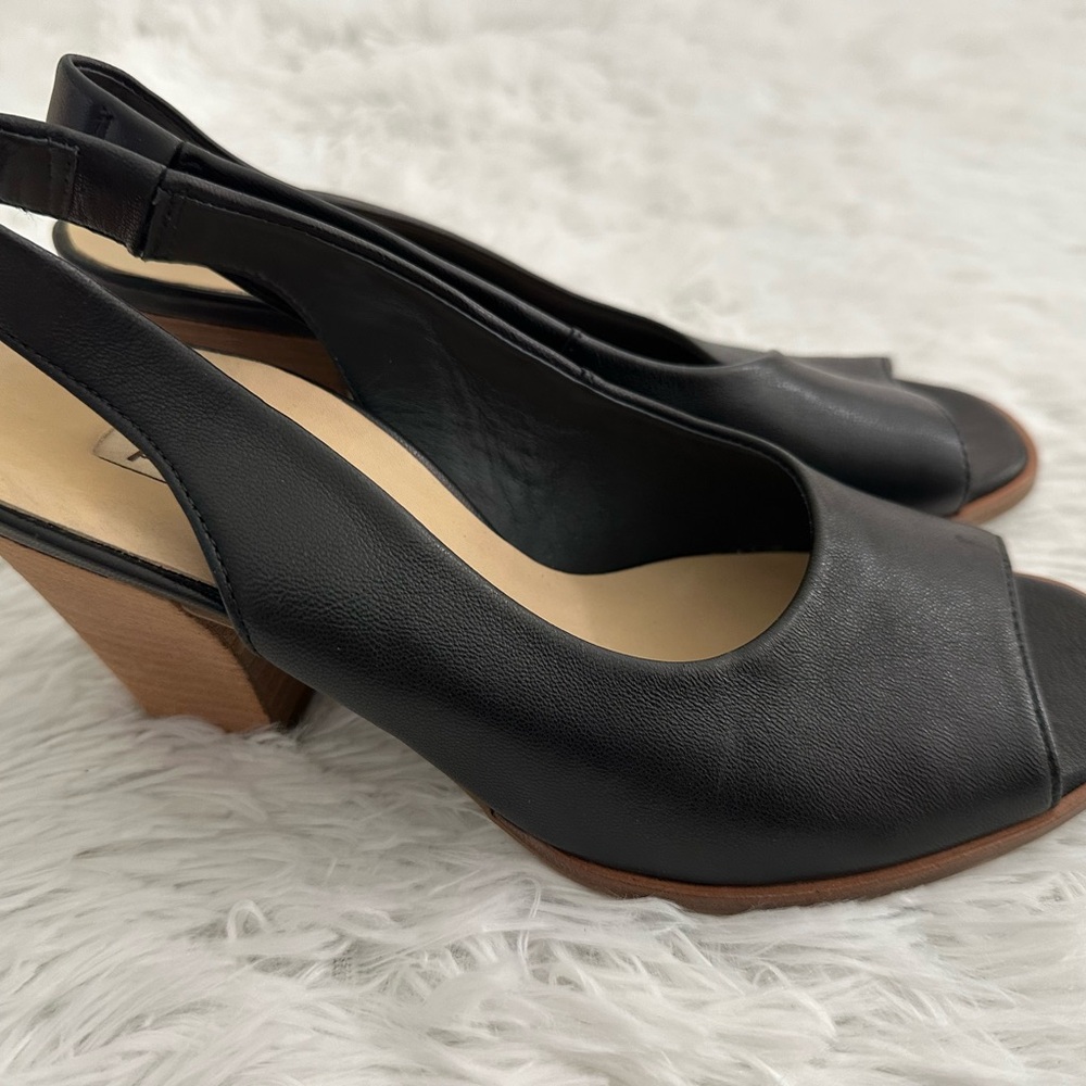 Paul Green‎ Black Leather Savanah Slingback Peep Toe Sandals Heels Shoes 7.5 US